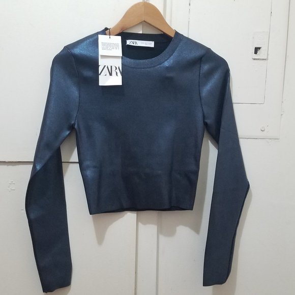 NWT METALLIC BLUE FOIL KNIT CROP TOP - Picture 5 of 8